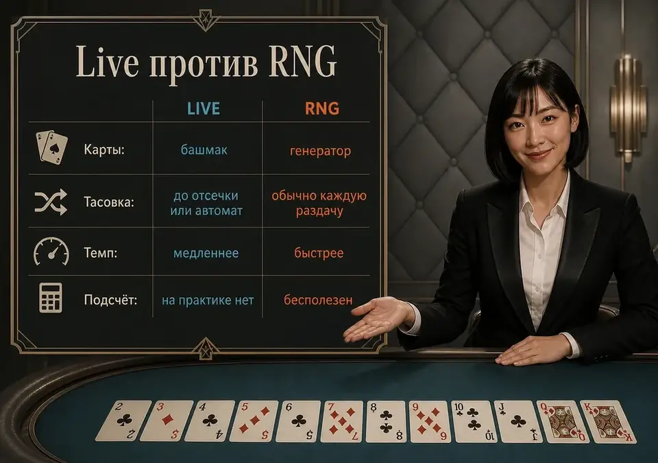Инфографика, где live-блэкджек сравнивается с RNG-версией по ключевым параметрам