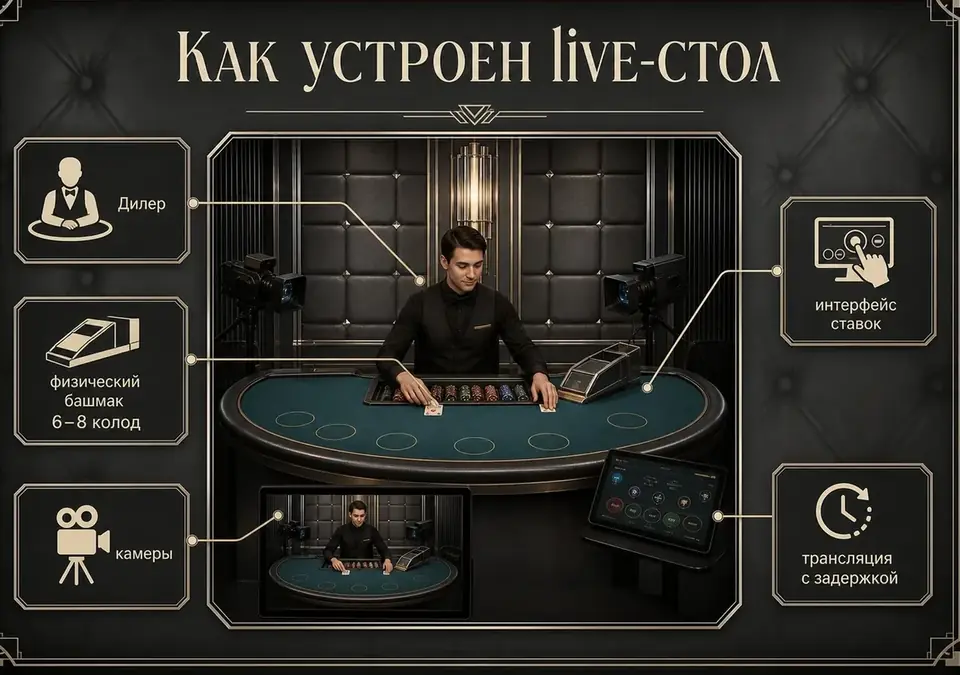 Инфографика об устройстве live-стола и о том, как идёт трансляция игры