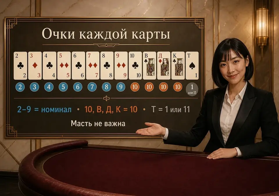 Инфографика: очки, которые даёт каждая карта колоды, от двойки до короля и туза