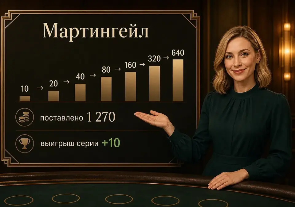 Инфографика по Мартингейлу: удвоение ставки после каждого проигрыша в серии