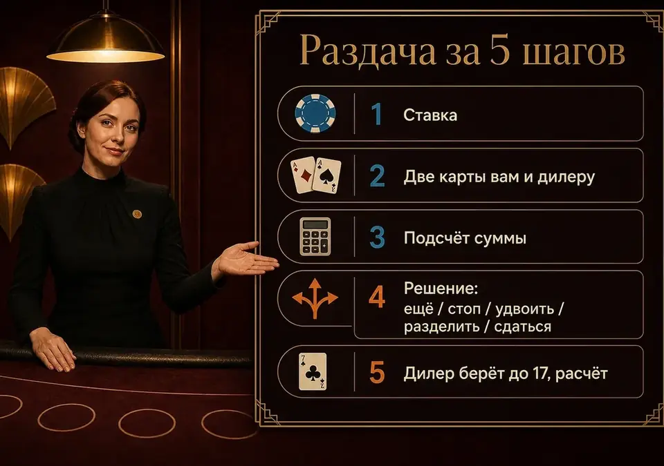 Инфографика: раздача блэкджека от первой фишки до расчёта, всего 5 шагов