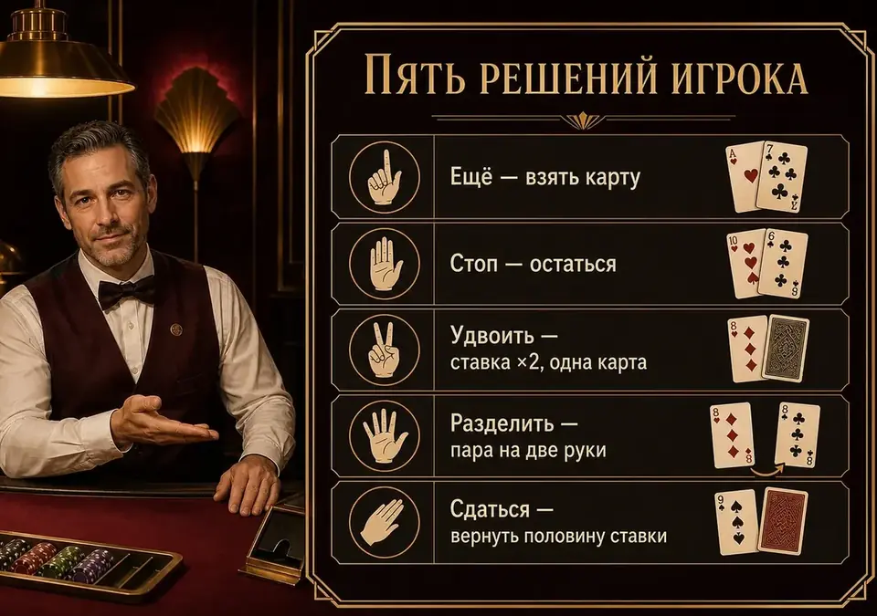 Инфографика: все пять вариантов хода игрока в блэкджеке на одной схеме