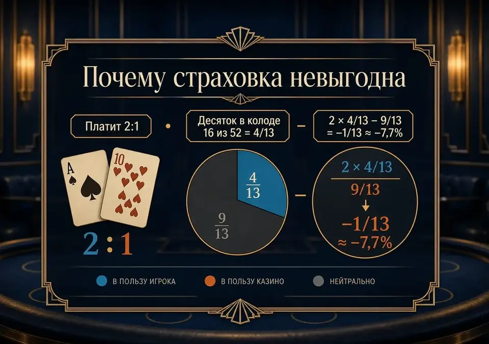 Наглядная схема: за счёт чего страховка в блэкджеке оборачивается против игрока