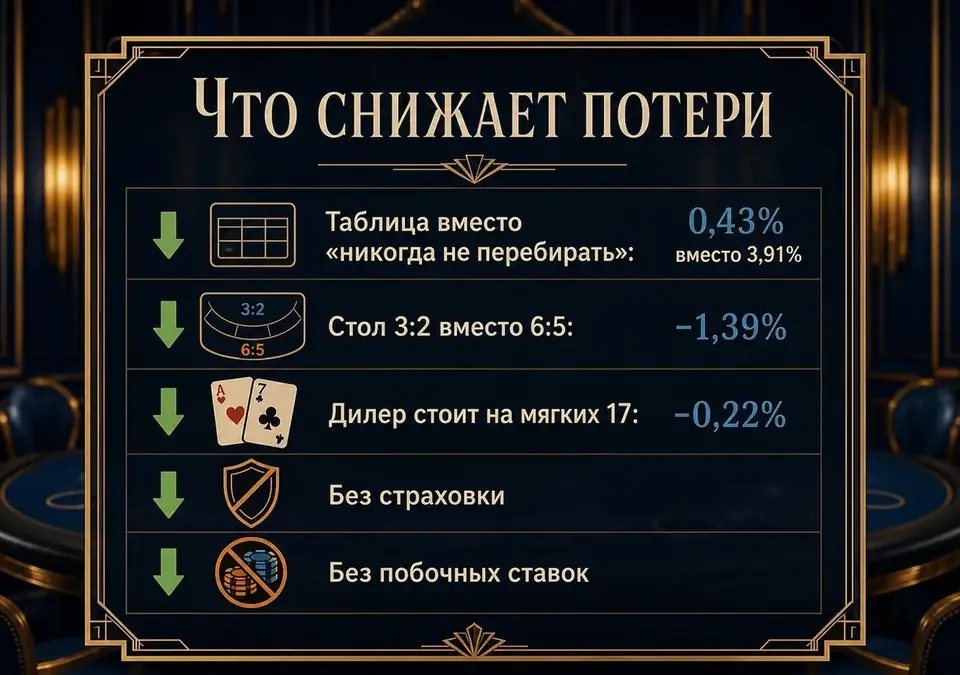 Наглядный перечень привычек, которые сокращают средние потери за столом блэкджека