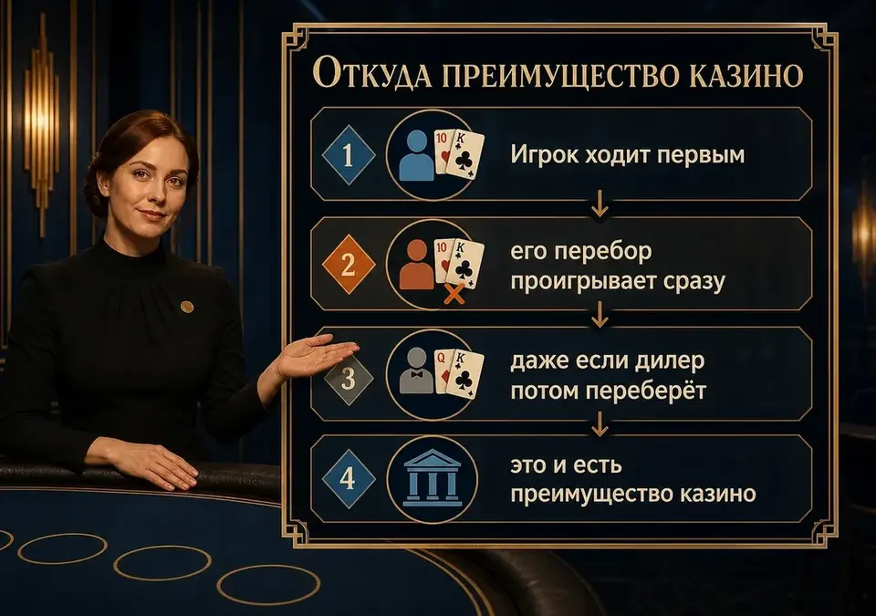 Наглядный разбор того, почему преимущество в блэкджеке остаётся за казино