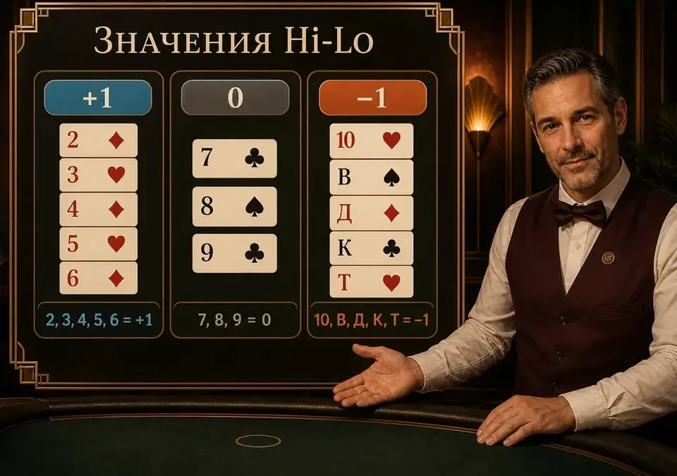 Сколько очков даёт каждая карта в Hi-Lo: плюс один, ноль или минус один