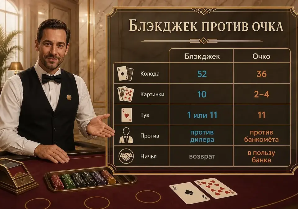Сравнительная инфографика блэкджека и очка: колода, стоимость карт, роль банка