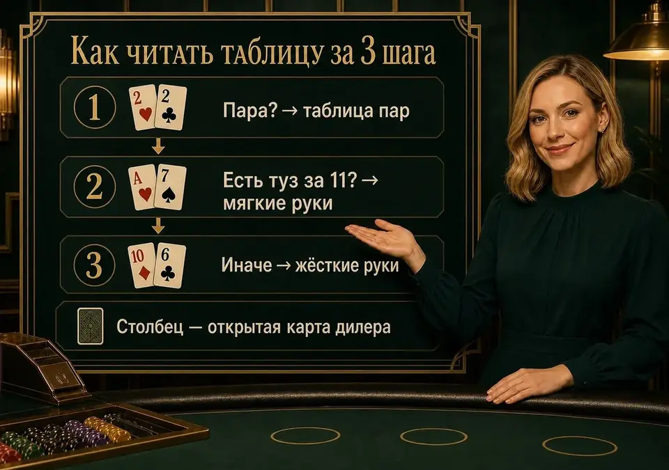 Сводная схема чтения таблицы блэкджека: 3 шага от вашей руки до нужного хода