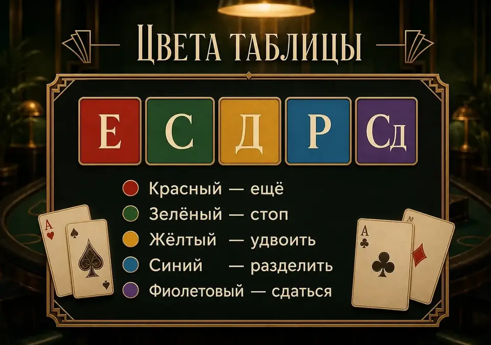 Сводная схема: что обозначает каждый цвет в таблице базовой стратегии блэкджека