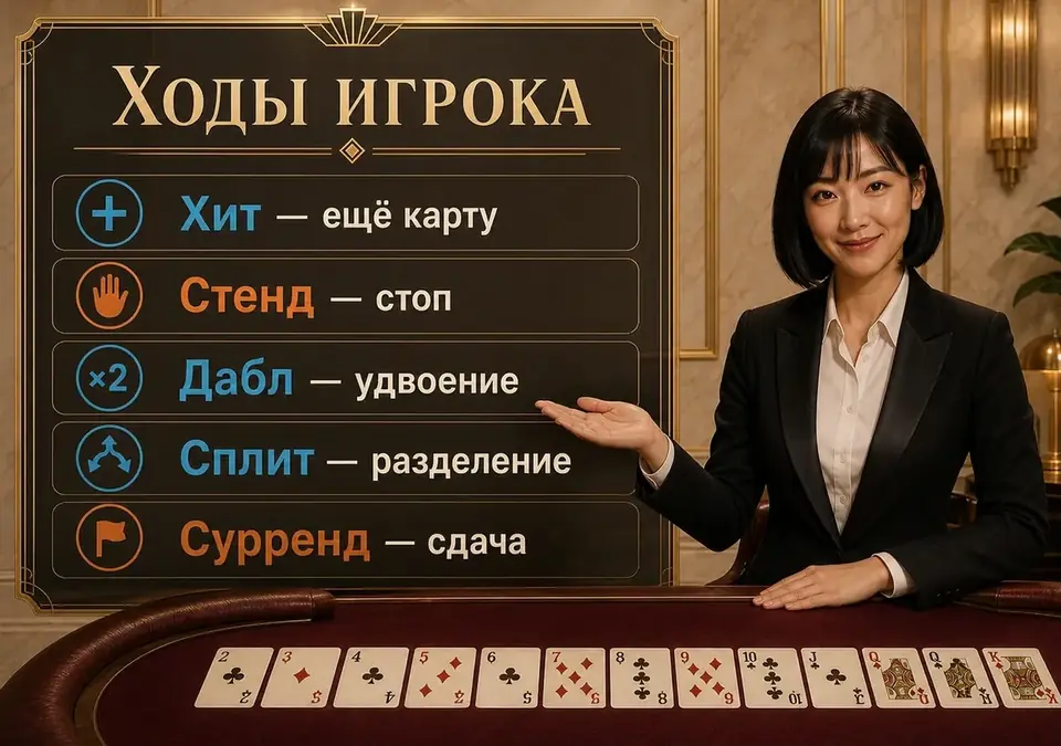 Сводная схема ходов игрока в блэкджеке: добор, стоп, удвоение, сплит и сдача