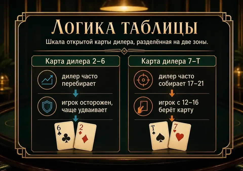 Сводная схема логики таблицы: как открытая карта дилера задаёт решения игрока