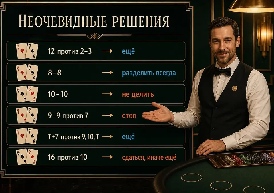 Сводная схема решений базовой стратегии, которые расходятся с интуицией игрока