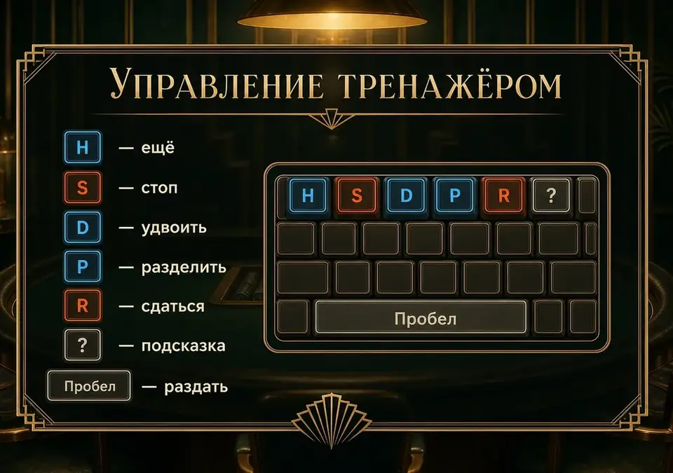 Сводная схема управления тренажёром: кнопки на экране и клавиши H, S, D, P, R