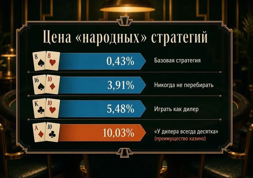 Сводная схема: во сколько игроку обходятся «народные» стратегии блэкджека